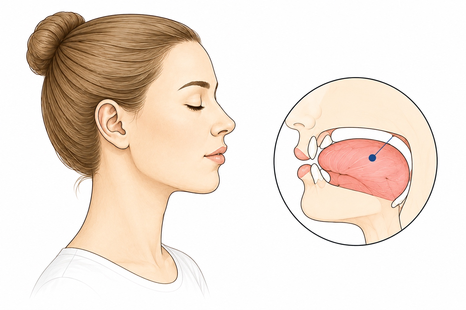 Illustration der Zungenruhelage bei CMD mit entspannter Position von Zunge, Lippen und Kiefer.