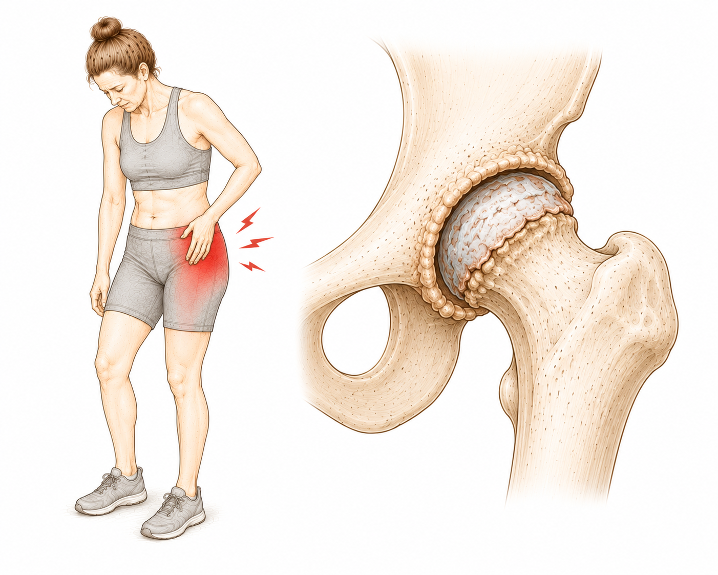 Zwei Skizzen zur Coxarthrose: links Person mit Schmerzen in der Leiste und Hüfte, rechts anatomische Darstellung eines arthrotisch veränderten Hüftgelenks mit verschmälertem Gelenkspalt und Knochenanbauten.