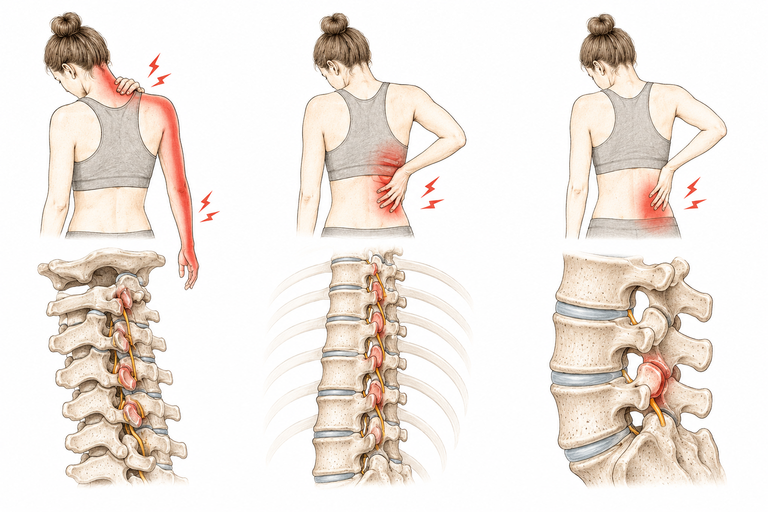 Drei Skizzen zum Facettensyndrom der Hals-, Brust- und Lendenwirbelsäule: oben jeweils typische einseitige Schmerzausstrahlung, darunter anatomische Darstellung der gereizten Facettengelenke in HWS, BWS und LWS.