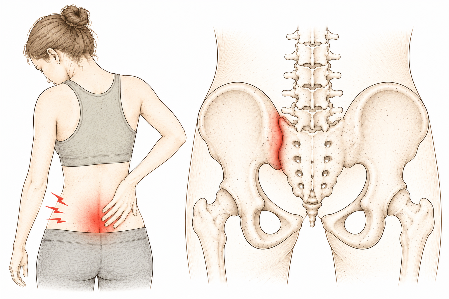 Zwei Skizzen zu ISG-Beschwerden: links Person mit einseitigen Schmerzen im Bereich des Iliosakralgelenks, rechts anatomische Darstellung des Beckens mit hervorgehobenem Iliosakralgelenk.