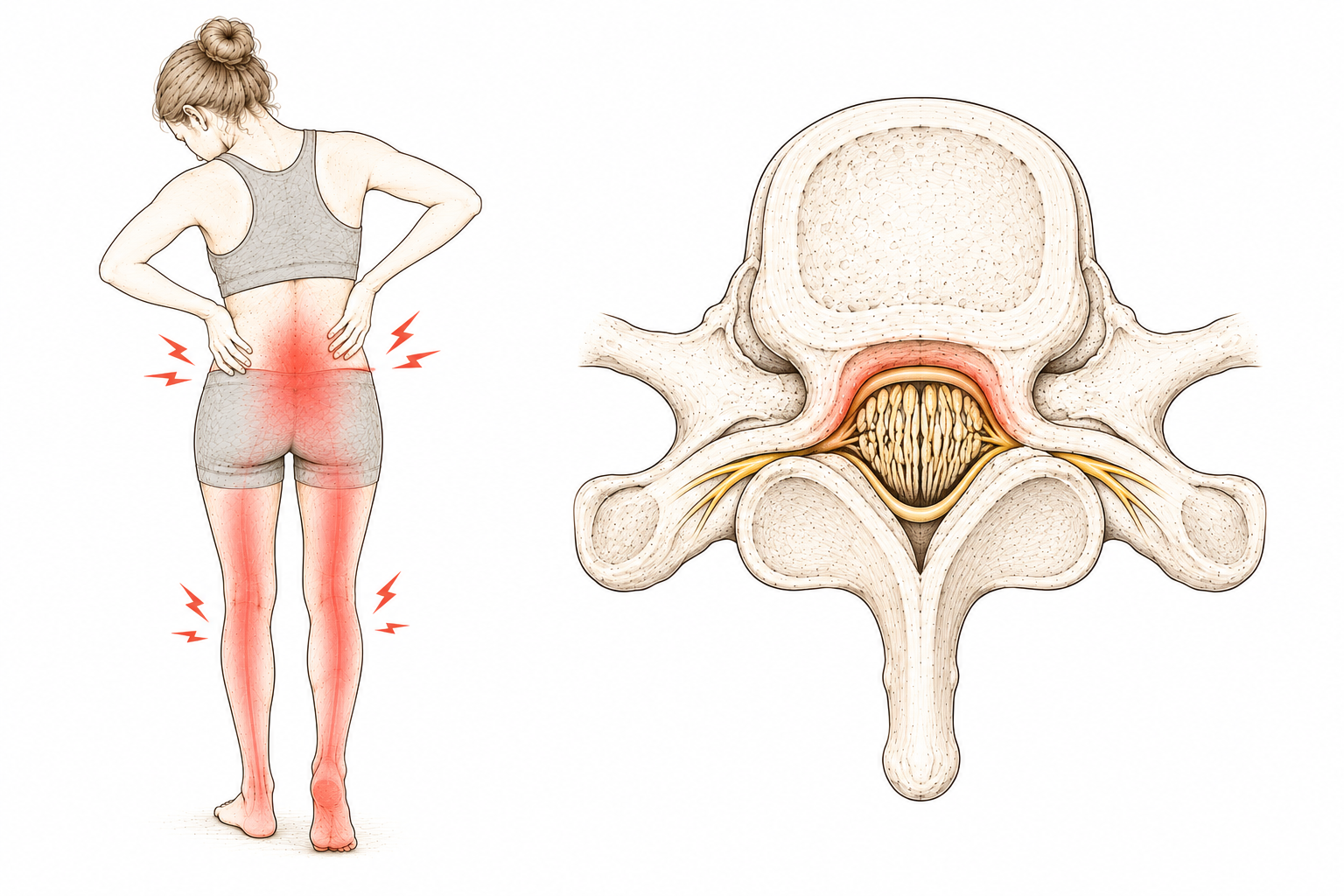 Zwei Skizzen zur Spinalkanalstenose: links Person mit Schmerzen im unteren Rücken und Ausstrahlung in beide Beine, rechts anatomische Darstellung eines verengten Spinalkanals mit eingeengten Nerven.