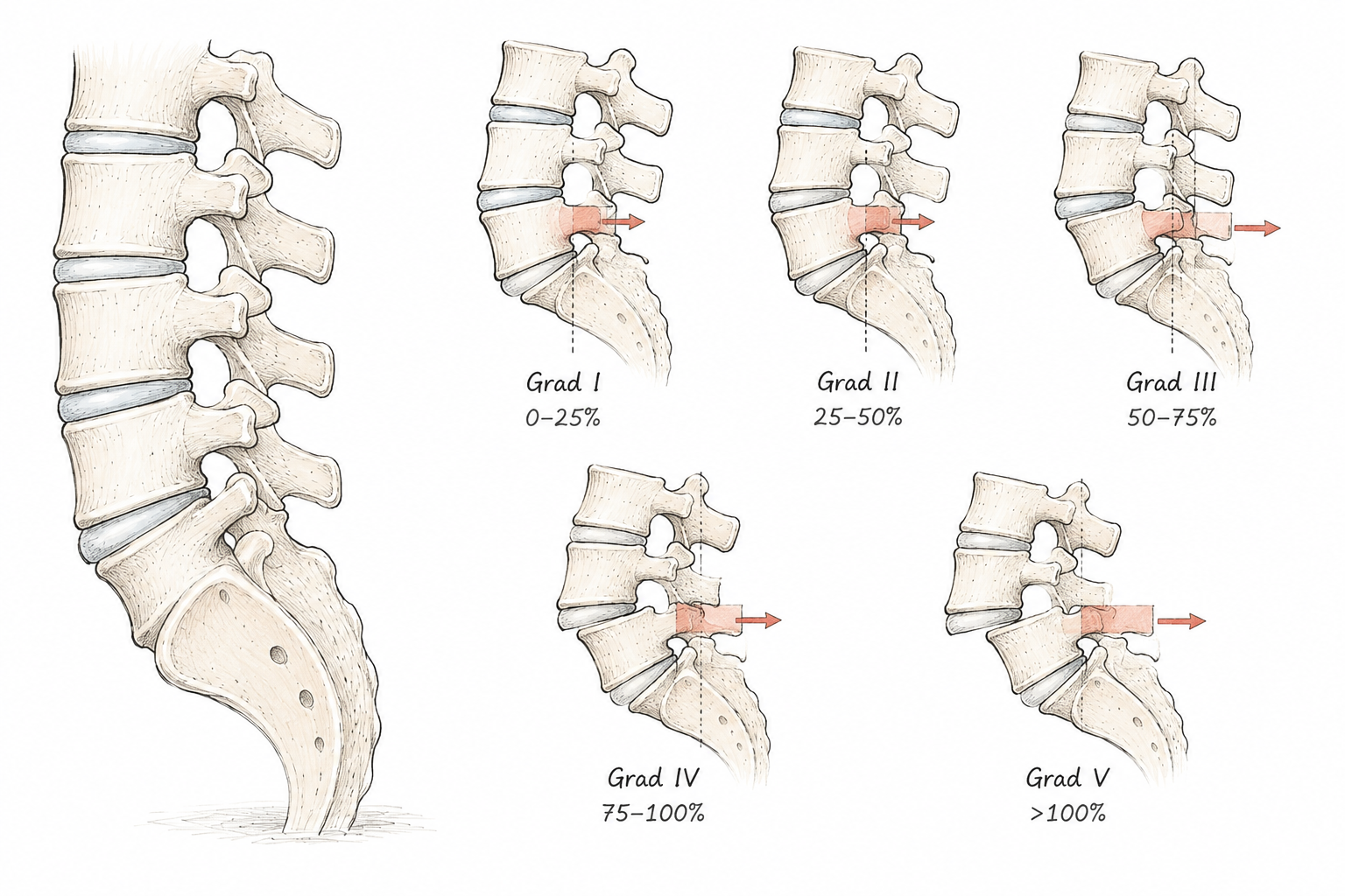 Anatomische Darstellung einer Spondylolisthesis mit Verschiebung eines Wirbels an der Lendenwirbelsäule