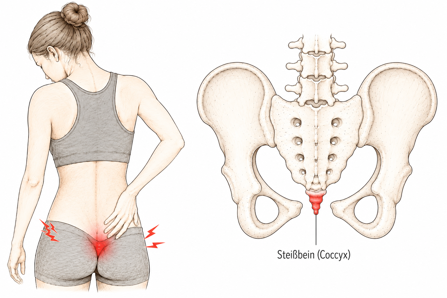 Zwei Skizzen zu Steißbeinbeschwerden: links Person mit Schmerzen im Bereich des Steißbeins, rechts anatomische Darstellung des Beckens mit hervorgehobenem Steißbein.
