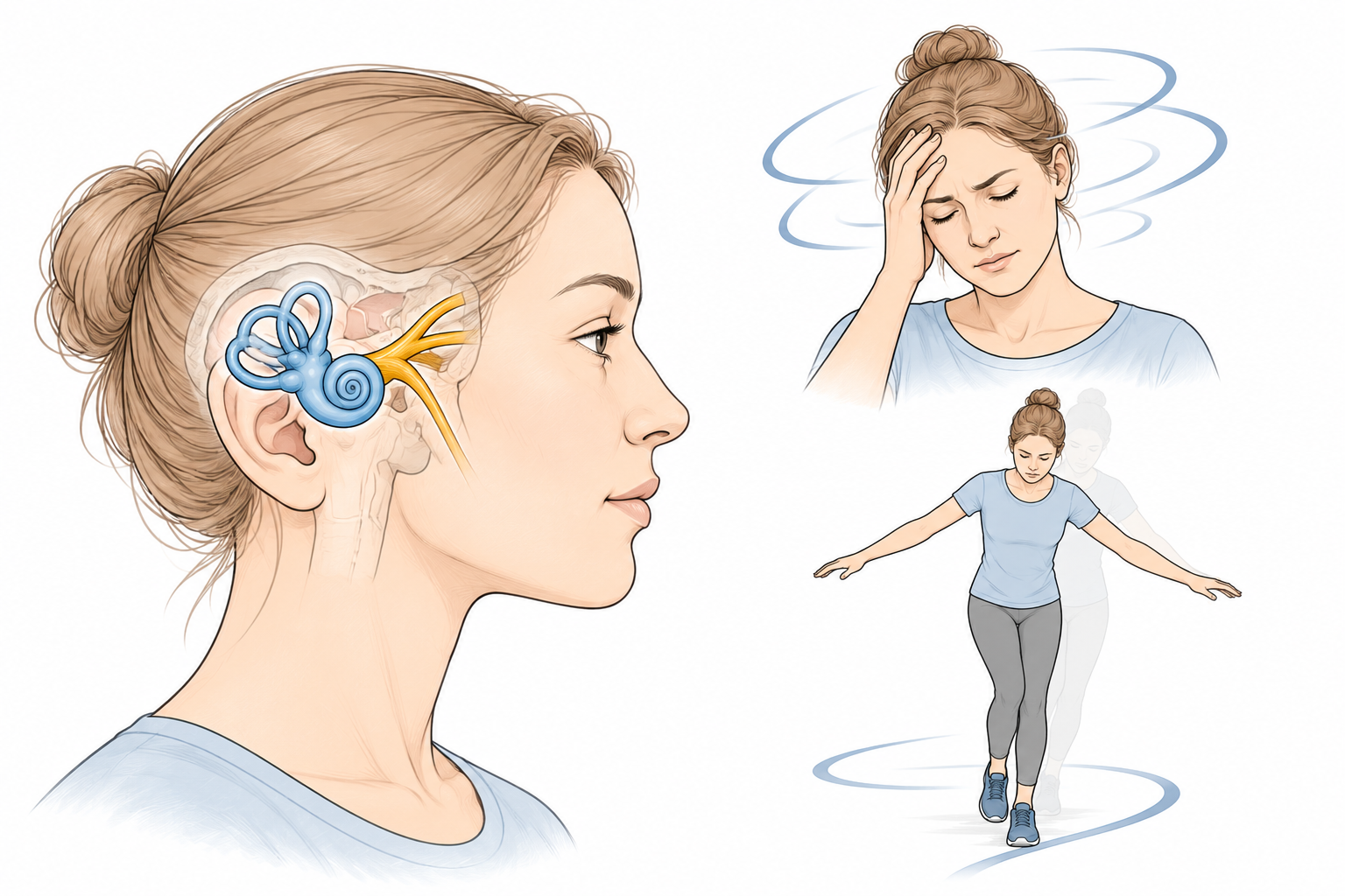 Vestibuläre Hypofunktion – Illustration des Gleichgewichtsorgans im Innenohr sowie typischer Beschwerden wie Schwindel und Gangunsicherheit