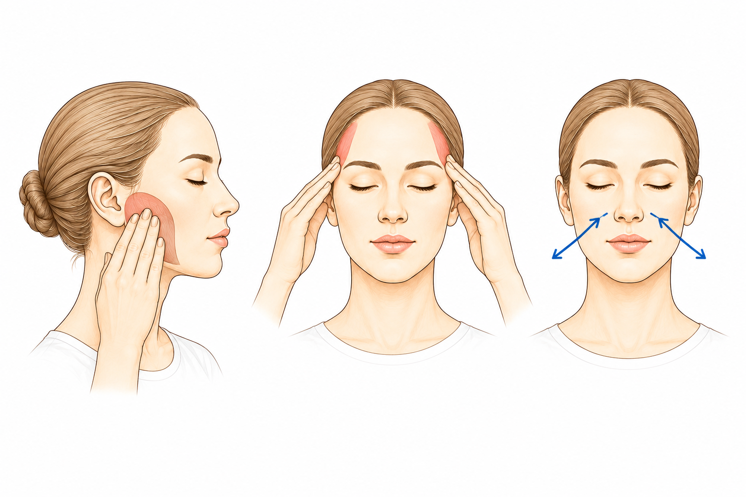 Illustration der Selbstmassage von Kaumuskulatur und Schläfen zur Entspannung bei CMD.